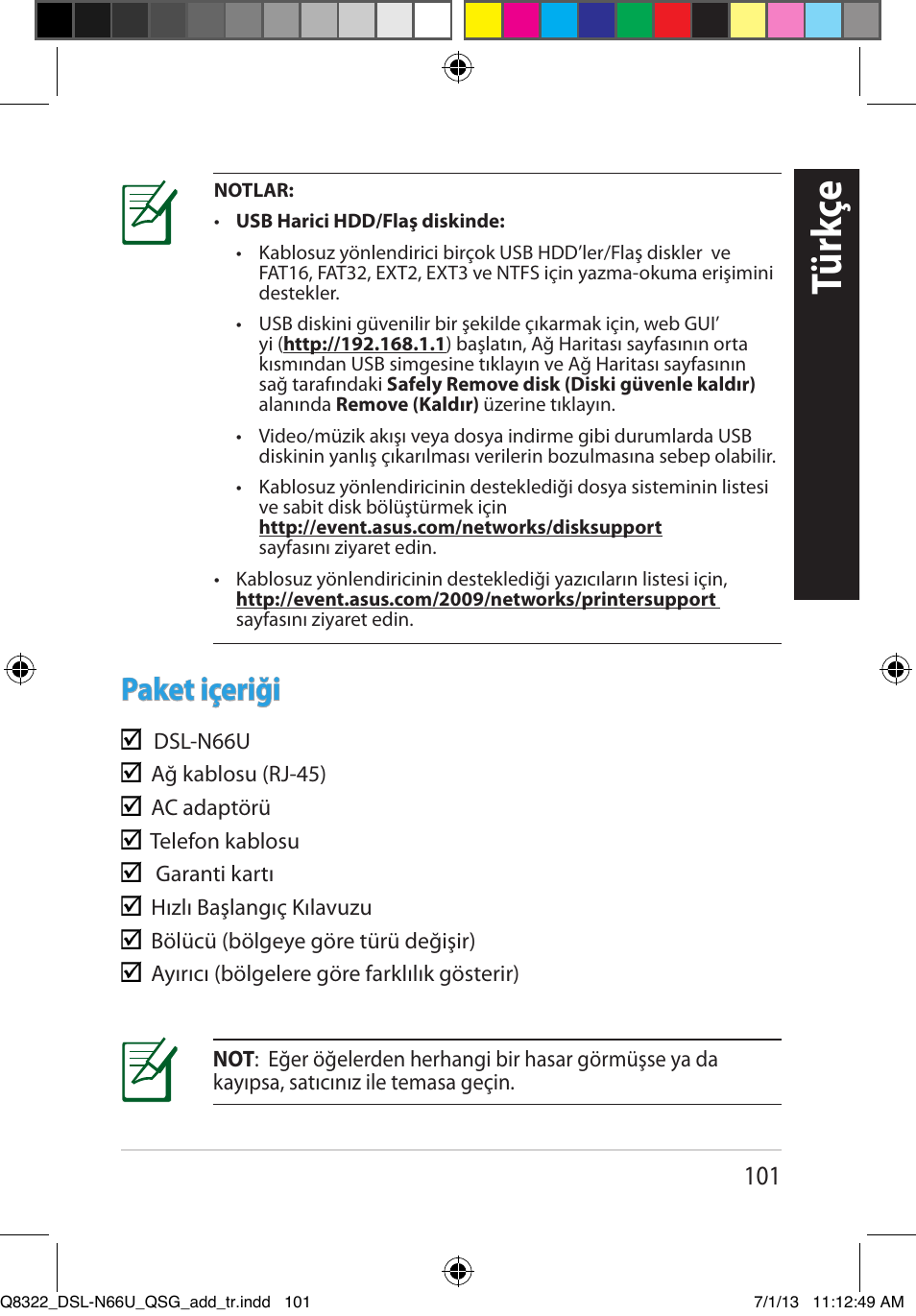 Tür kç e, Paket içeriği | Asus DSL-N66U User Manual | Page 101 / 143