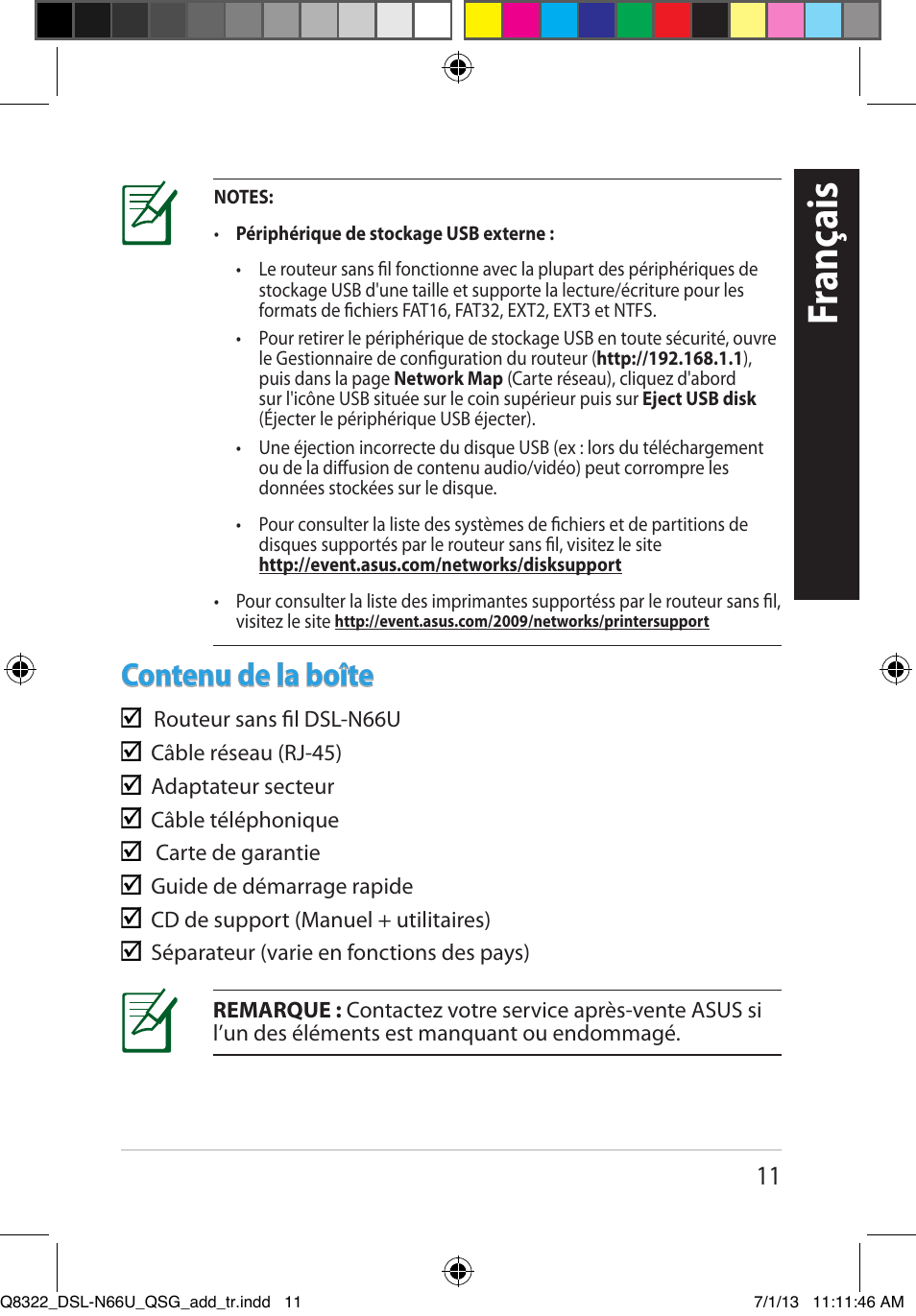 Fr anç ais, Contenu de la boîte | Asus DSL-N66U User Manual | Page 11 / 143