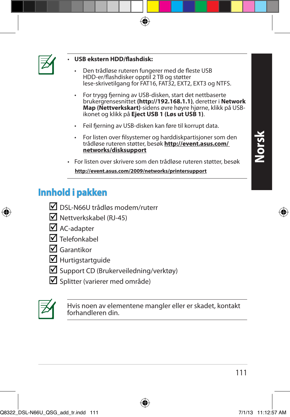 Norsk, Innhold i pakken | Asus DSL-N66U User Manual | Page 111 / 143