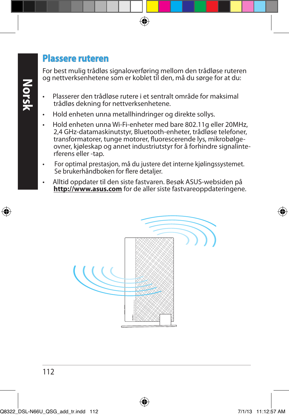 Norsk, Plassere ruteren | Asus DSL-N66U User Manual | Page 112 / 143