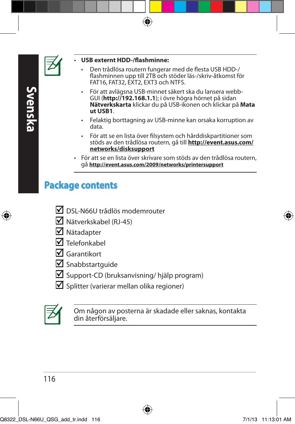 Sv ensk a, Package contents | Asus DSL-N66U User Manual | Page 116 / 143