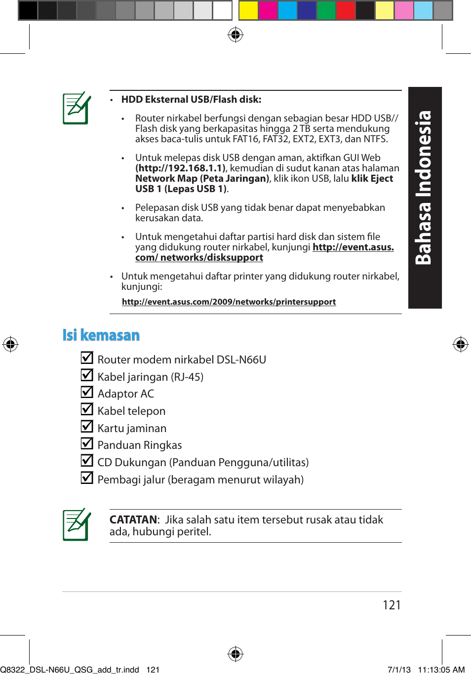 Bahasa i ndonesia, Isi kemasan | Asus DSL-N66U User Manual | Page 121 / 143