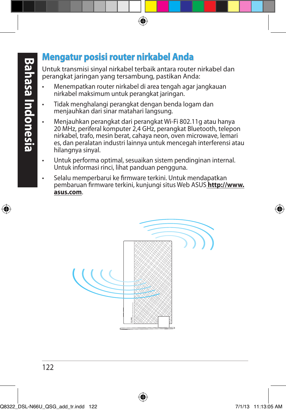 Bahasa i ndonesia, Mengatur posisi router nirkabel anda | Asus DSL-N66U User Manual | Page 122 / 143