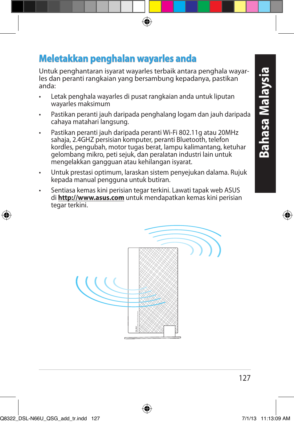 Bahasa m ala ysia, Meletakkan penghalan wayarles anda | Asus DSL-N66U User Manual | Page 127 / 143