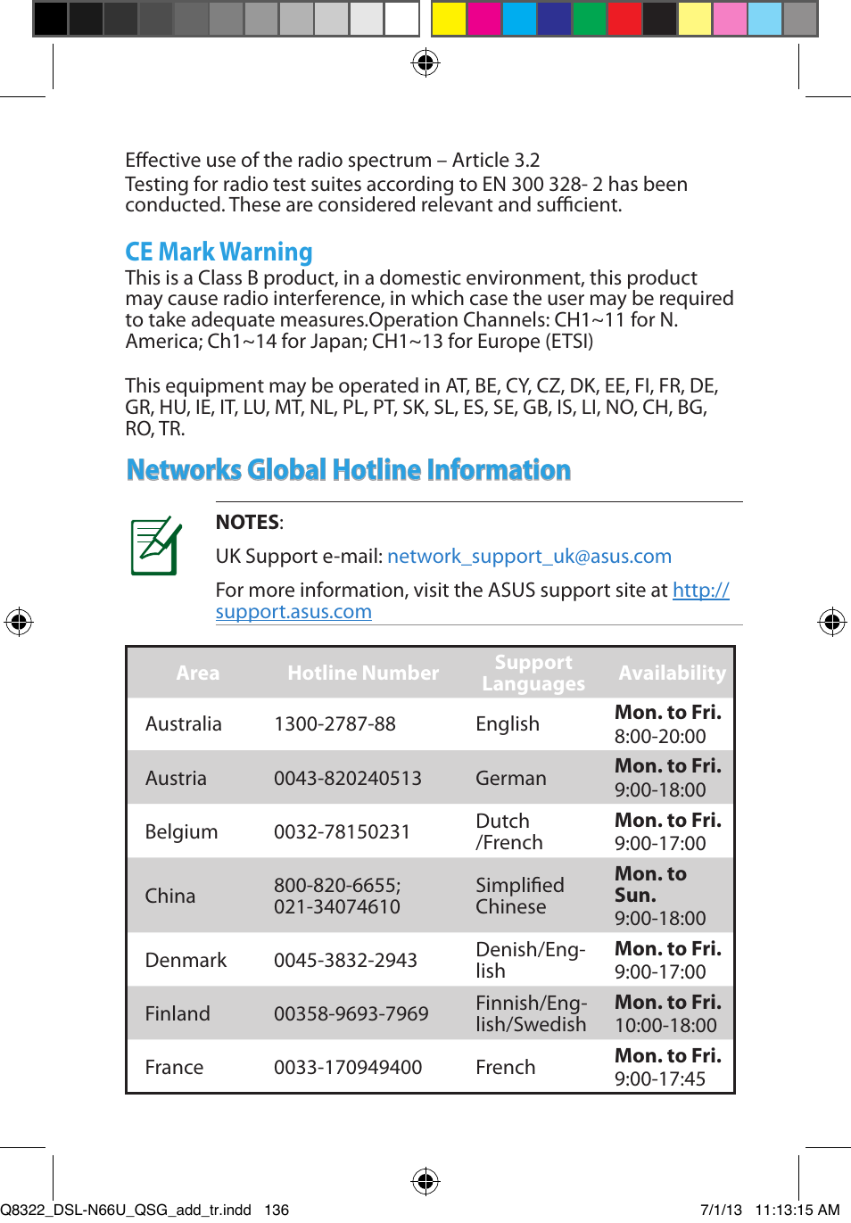 Networks global hotline information, Ce mark warning | Asus DSL-N66U User Manual | Page 136 / 143