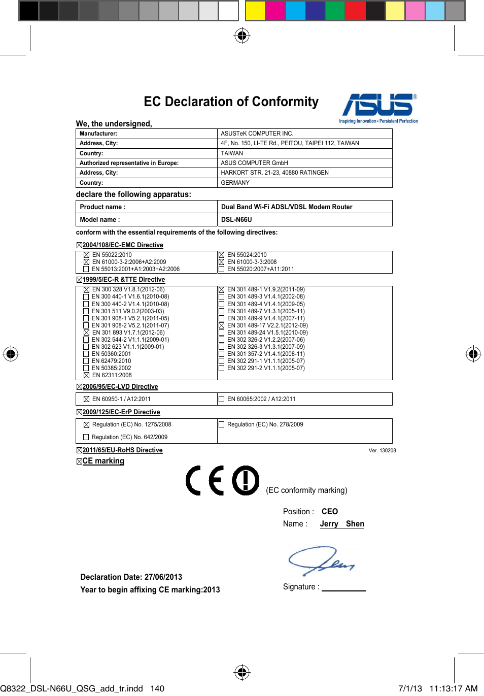 Ec declaration of conformity | Asus DSL-N66U User Manual | Page 140 / 143