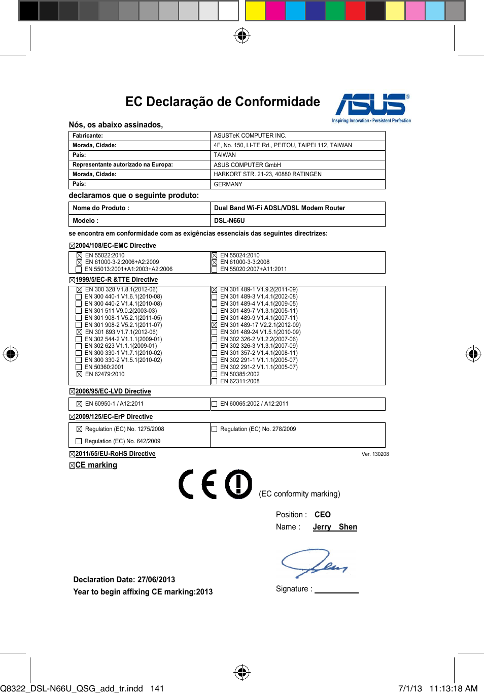 Ec declaração de conformidade | Asus DSL-N66U User Manual | Page 141 / 143