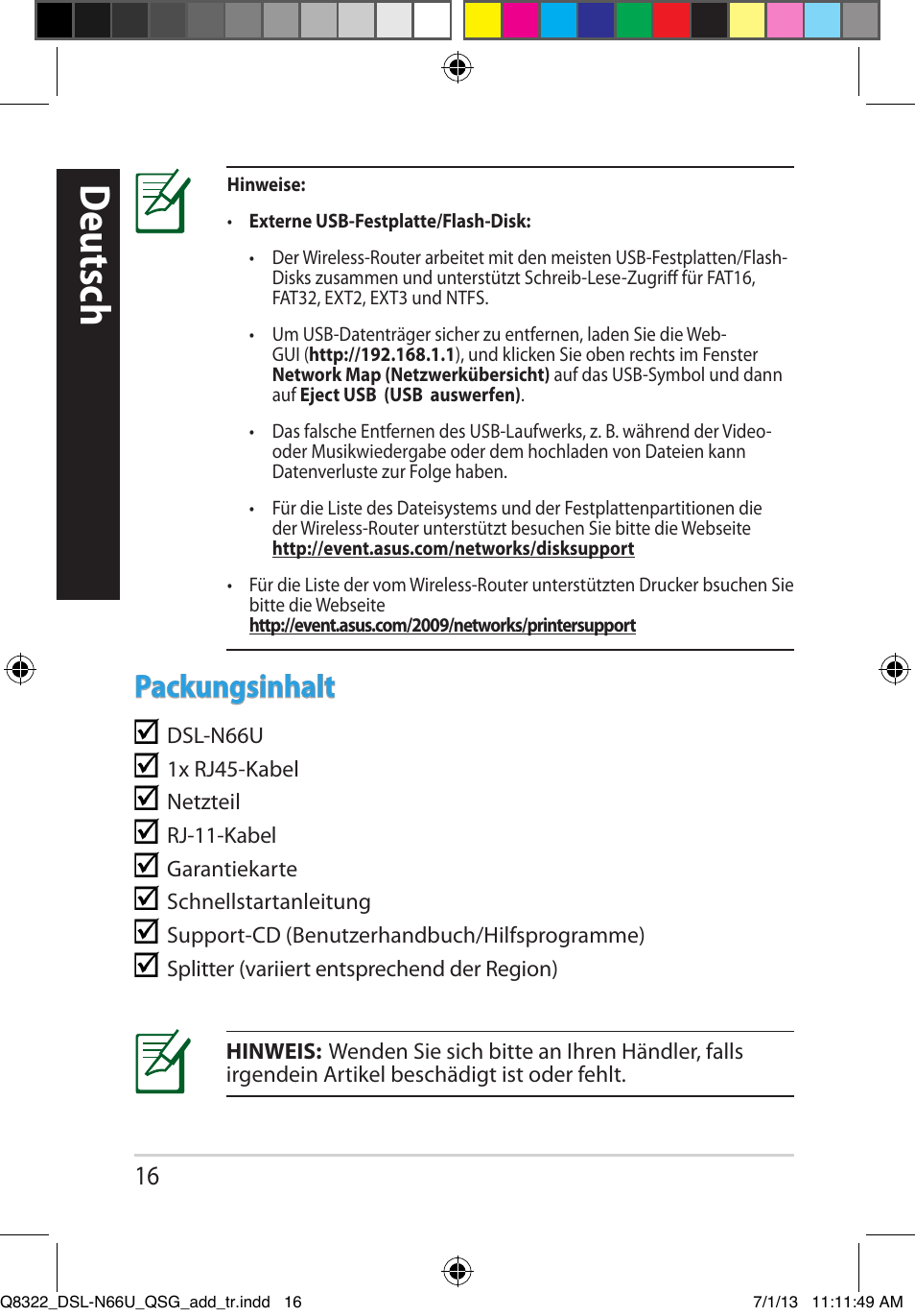 Deutsch, Packungsinhalt | Asus DSL-N66U User Manual | Page 16 / 143