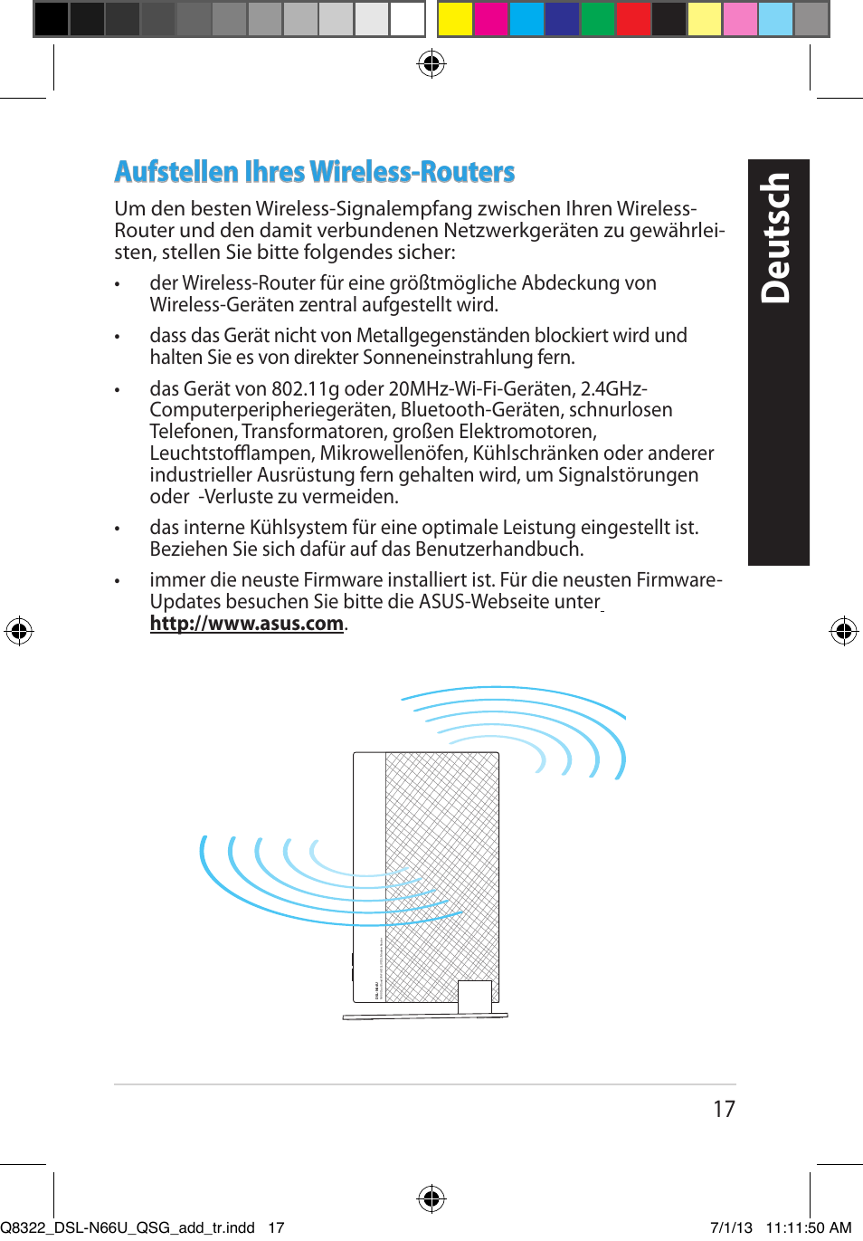 Deutsch, Aufstellen ihres wireless-routers | Asus DSL-N66U User Manual | Page 17 / 143