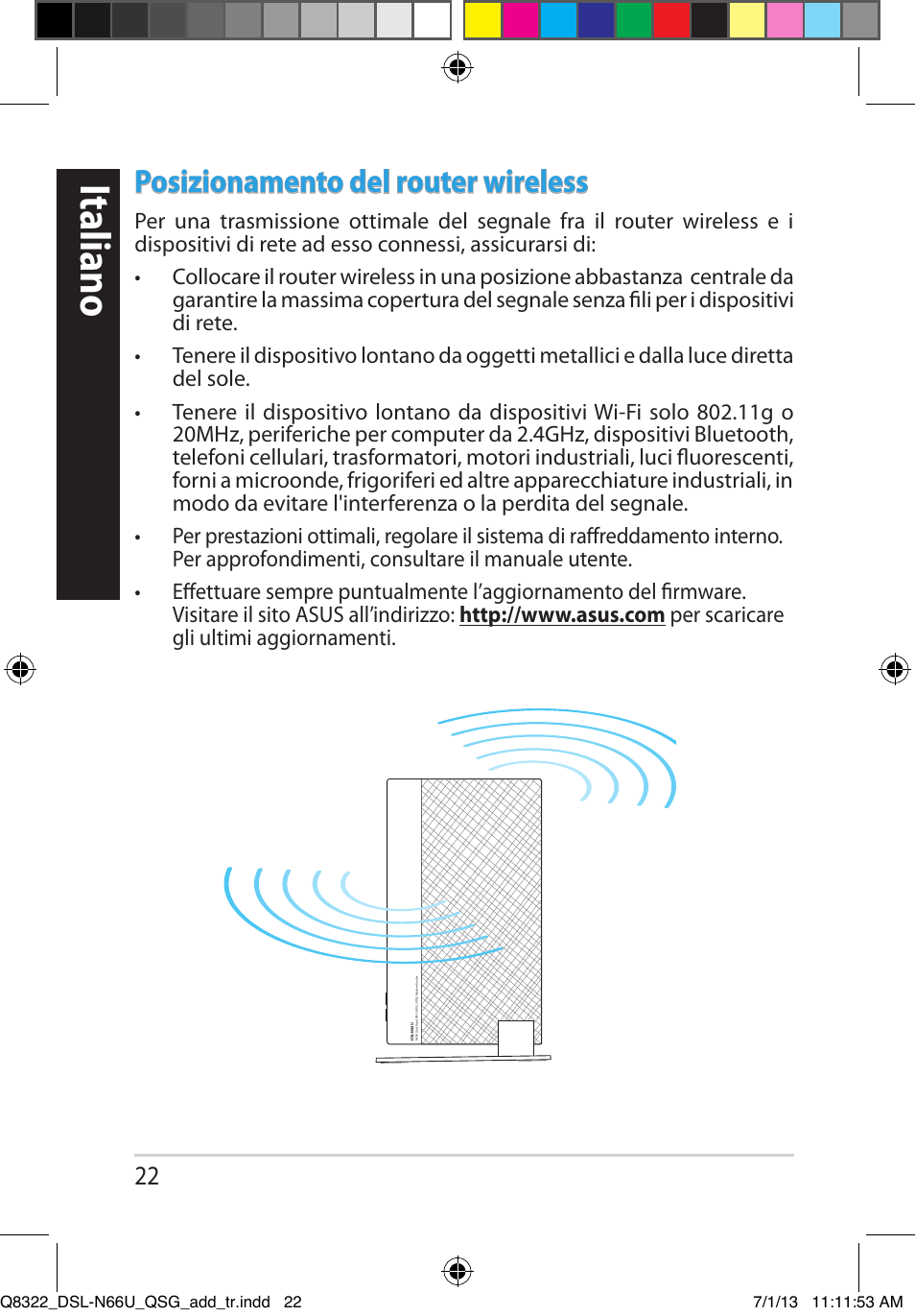 Italiano, Posizionamento del router wireless | Asus DSL-N66U User Manual | Page 22 / 143