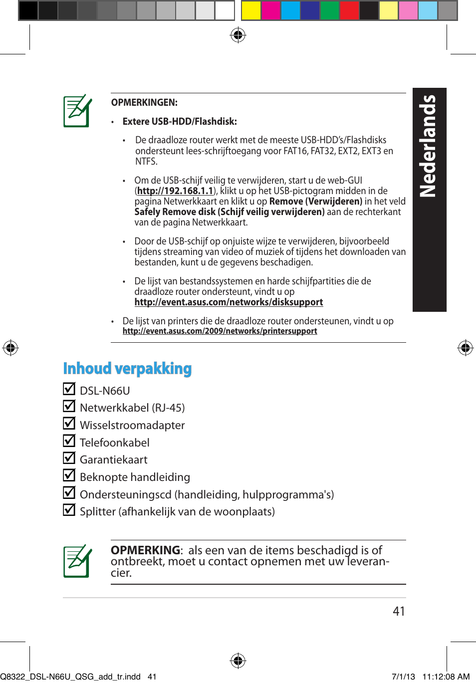 Neder lands, Inhoud verpakking | Asus DSL-N66U User Manual | Page 41 / 143
