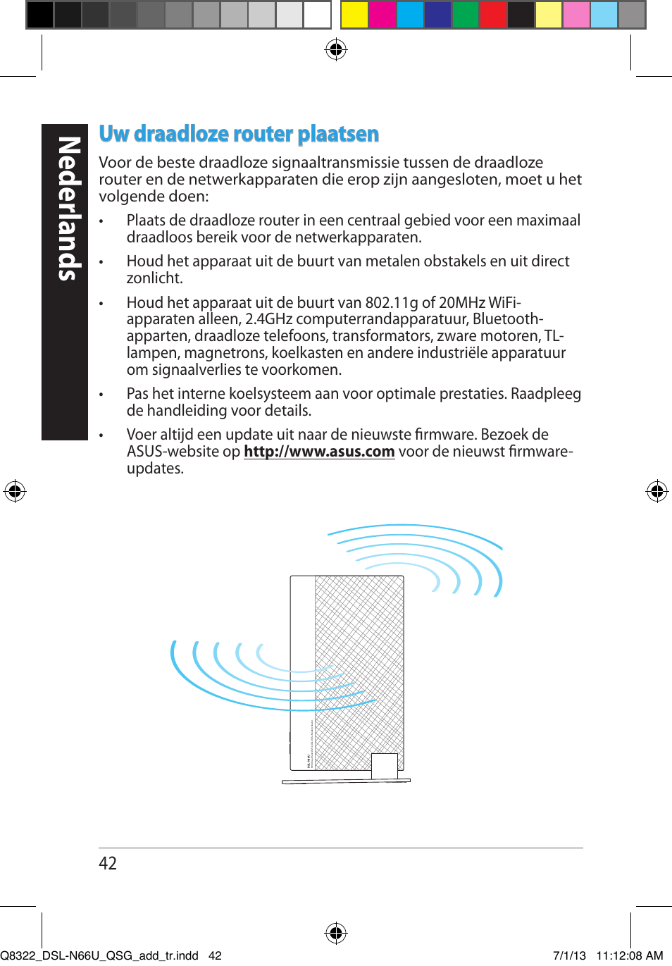 Neder lands, Uw draadloze router plaatsen | Asus DSL-N66U User Manual | Page 42 / 143