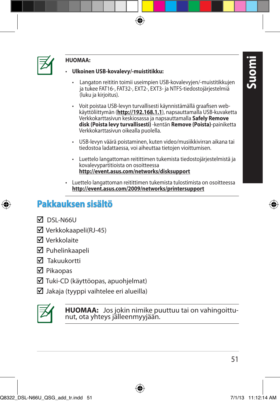 Suomi, Pakkauksen sisältö | Asus DSL-N66U User Manual | Page 51 / 143