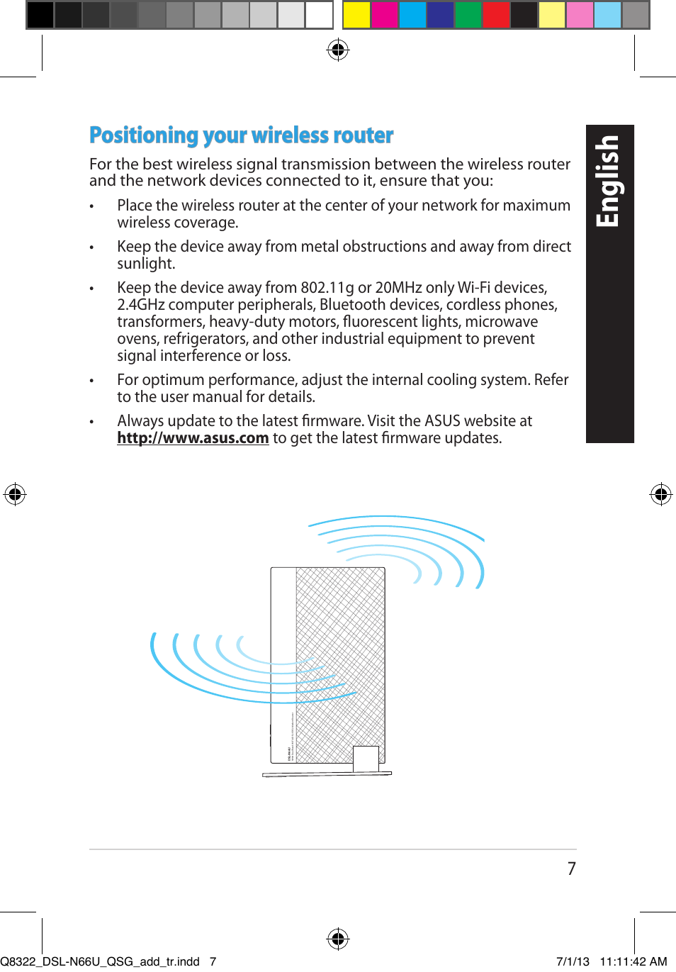 English, Positioning your wireless router | Asus DSL-N66U User Manual | Page 7 / 143