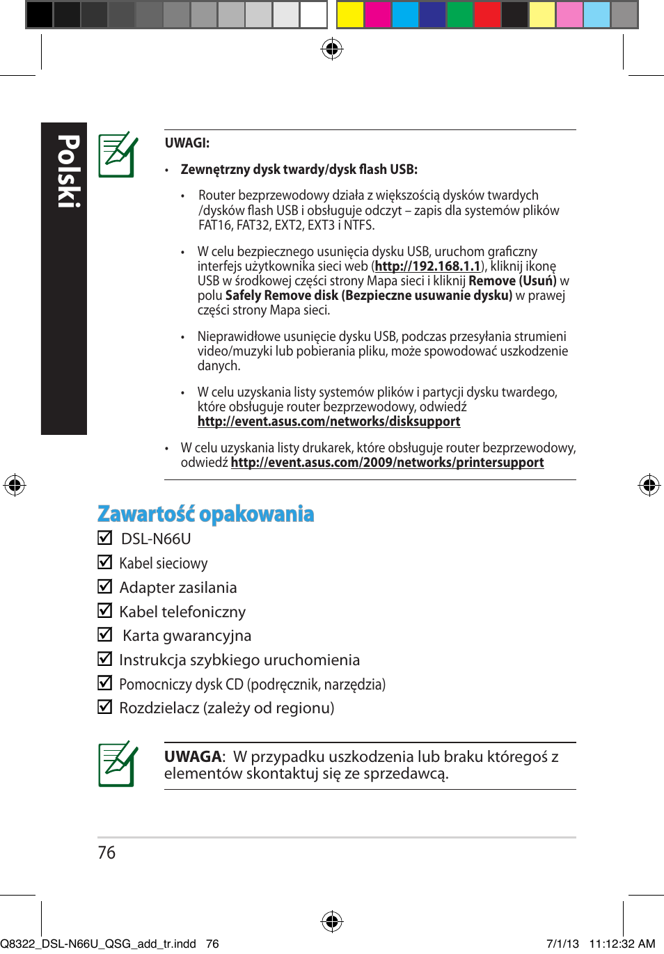 Polsk i, Zawartość opakowania | Asus DSL-N66U User Manual | Page 76 / 143