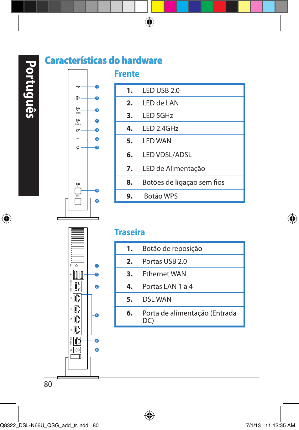 Portuguese, Por tuguês, Características do hardware | Frente traseira | Asus DSL-N66U User Manual | Page 80 / 143