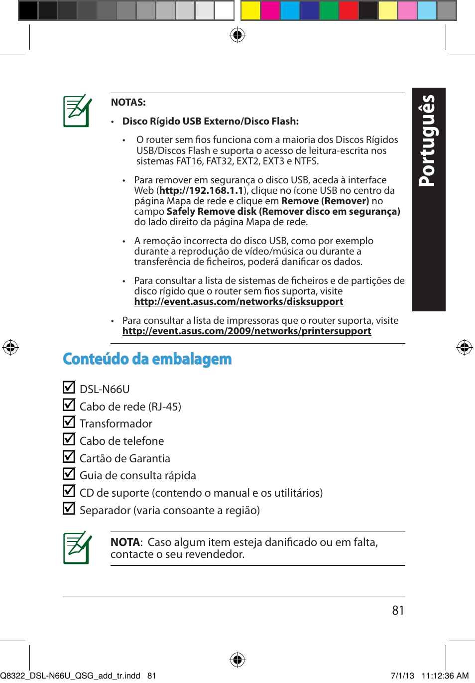 Por tuguês, Conteúdo da embalagem | Asus DSL-N66U User Manual | Page 81 / 143