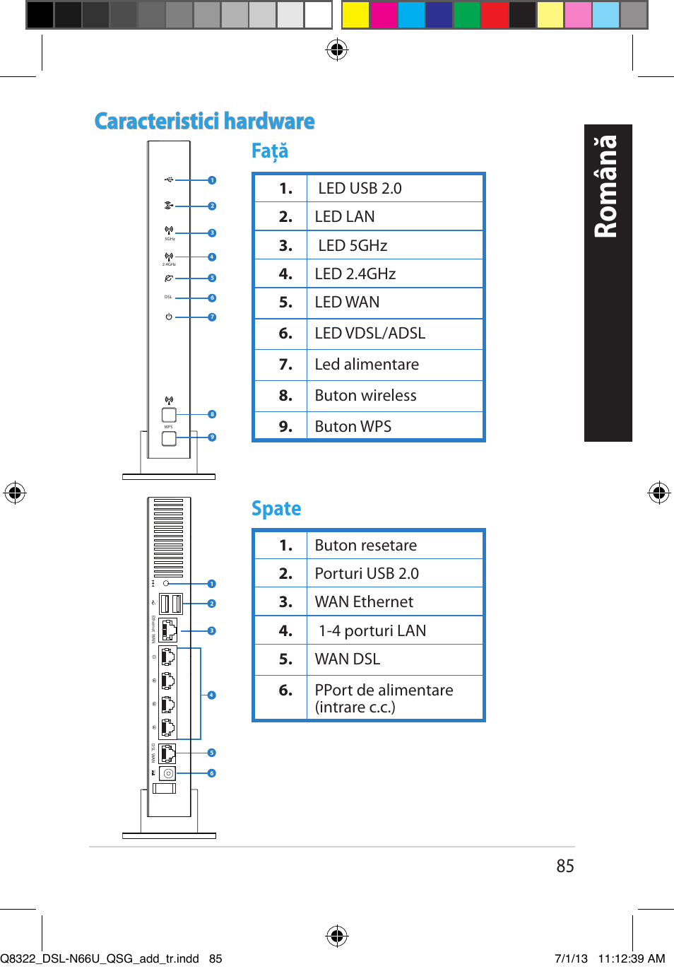 Romanian, Română, Caracteristici hardware | Faţă spate | Asus DSL-N66U User Manual | Page 85 / 143