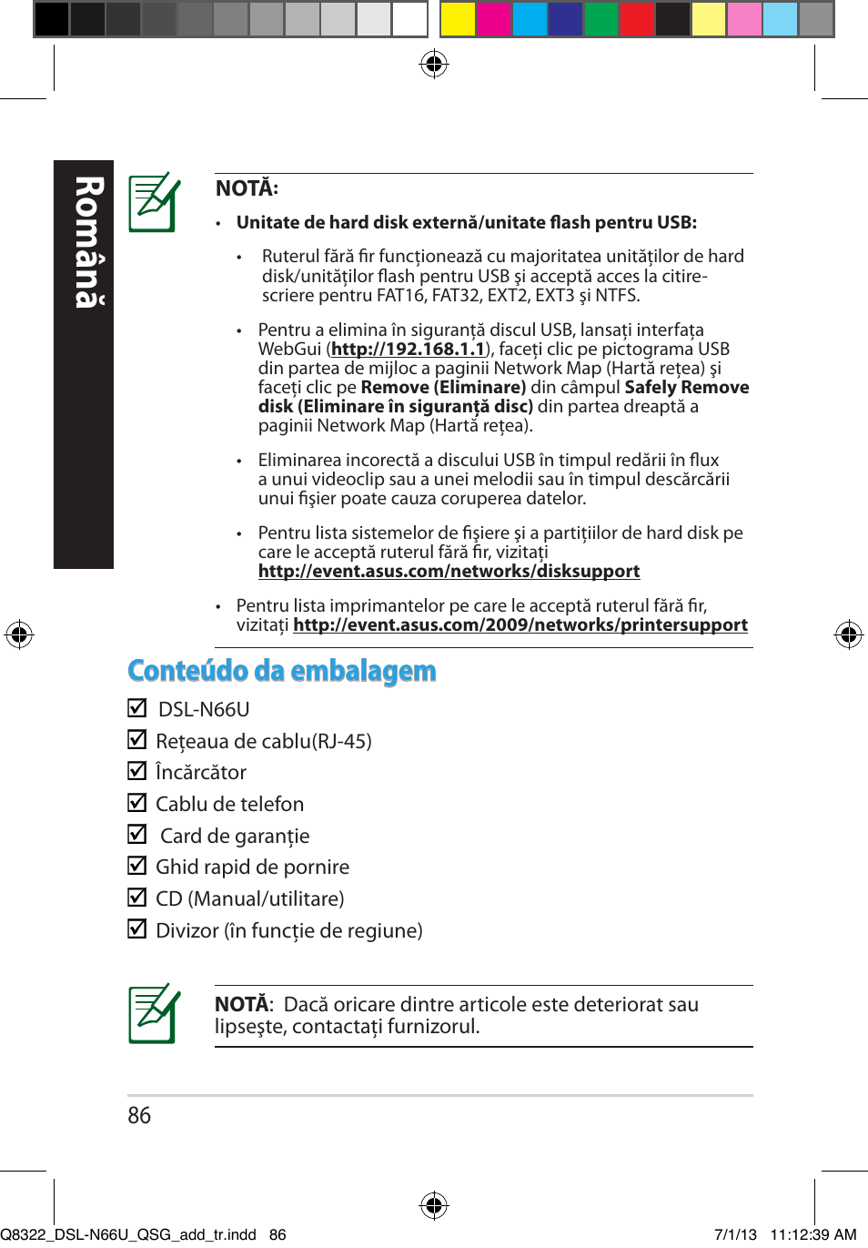 Română, Conteúdo da embalagem | Asus DSL-N66U User Manual | Page 86 / 143