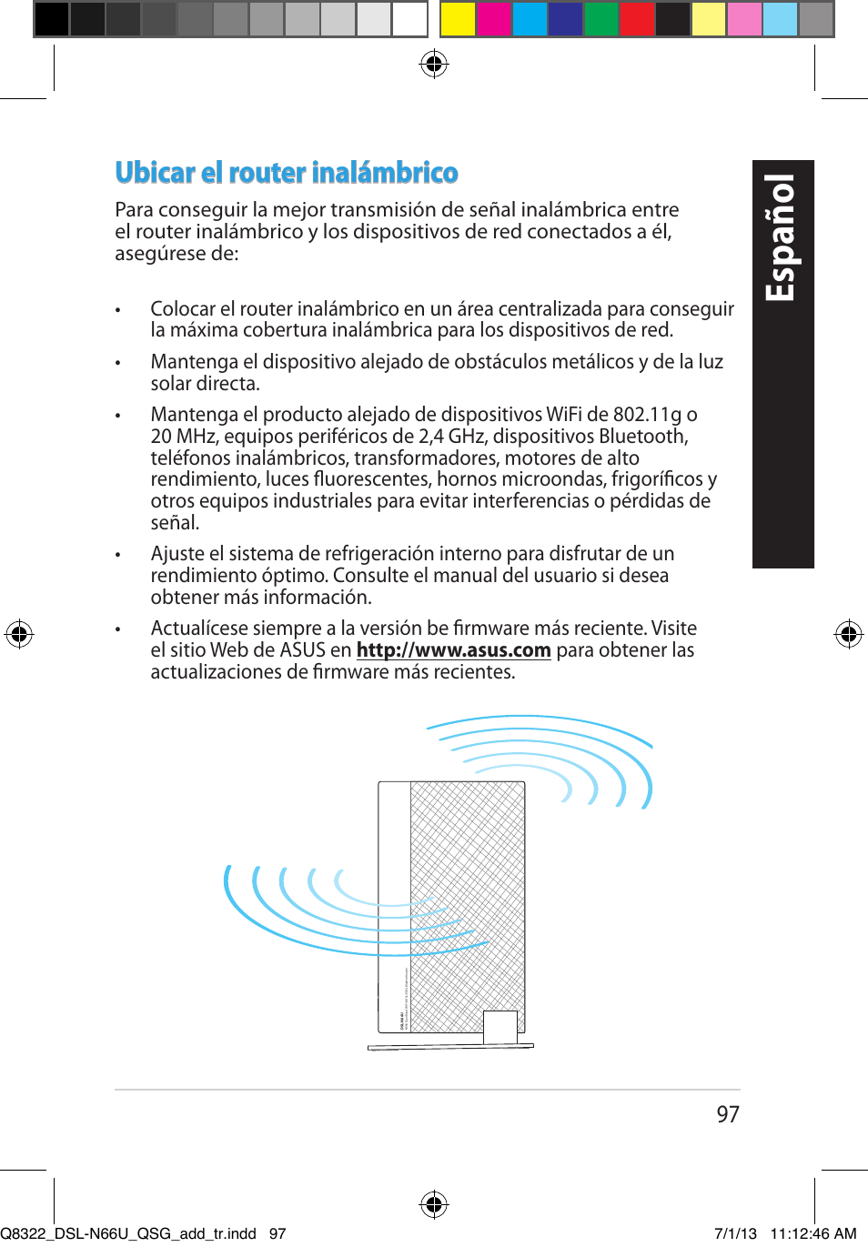 Español, Ubicar el router inalámbrico | Asus DSL-N66U User Manual | Page 97 / 143