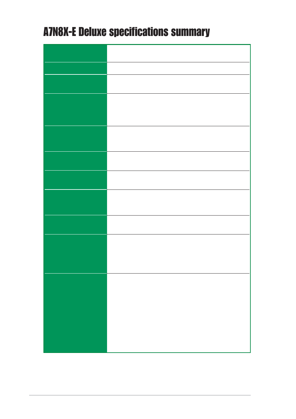 A7n8x-e deluxe specifications summary | Asus A7N8X-E Deluxe User Manual | Page 10 / 112