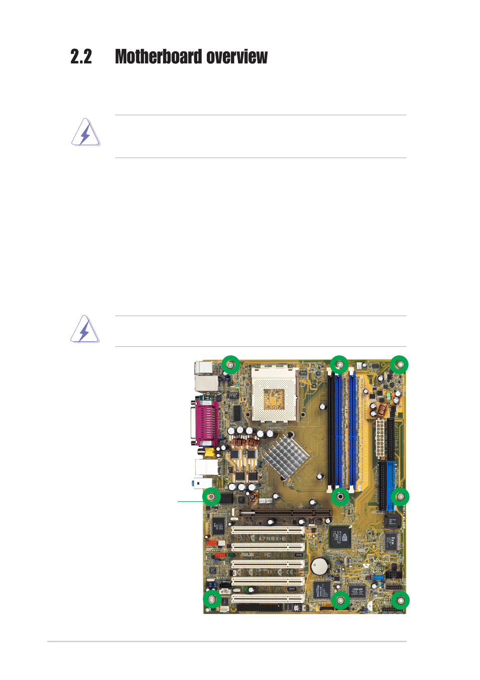 2 motherboard overview, 1 placement direction, 2 screw holes | Asus A7N8X-E Deluxe User Manual | Page 22 / 112