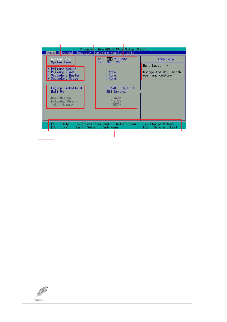 2 menu bar, 1 bios menu screen, 3 navigation keys | Asus A7N8X-E Deluxe User Manual | Page 68 / 112