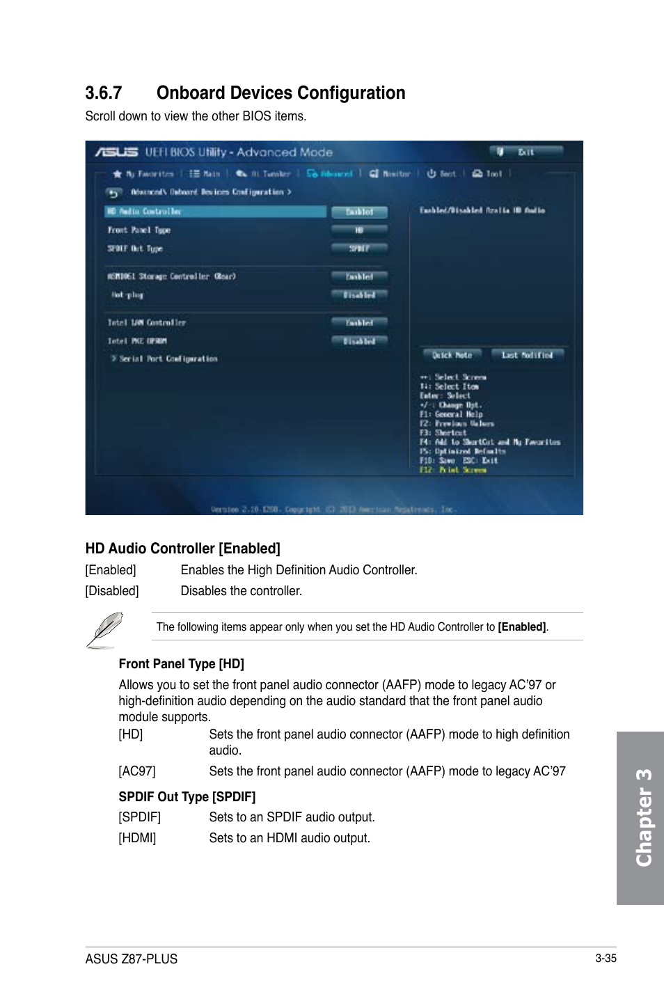 7 onboard devices configuration, Onboard devices configuration -35, Chapter 3 | Asus Z87-PLUS User Manual | Page 113 / 174