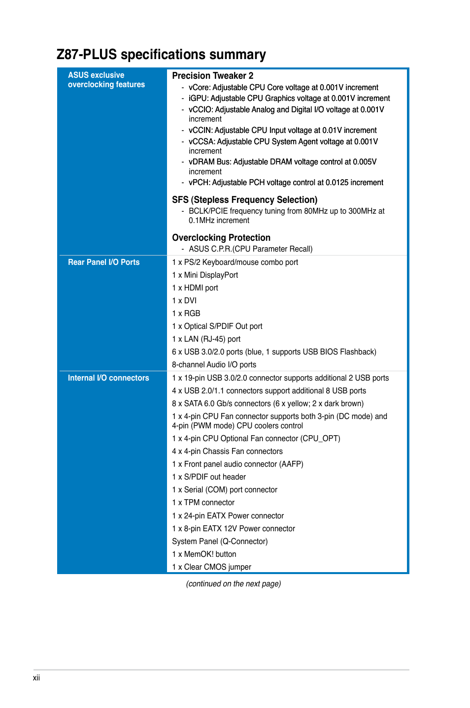 Z87-plus specifications summary | Asus Z87-PLUS User Manual | Page 12 / 174