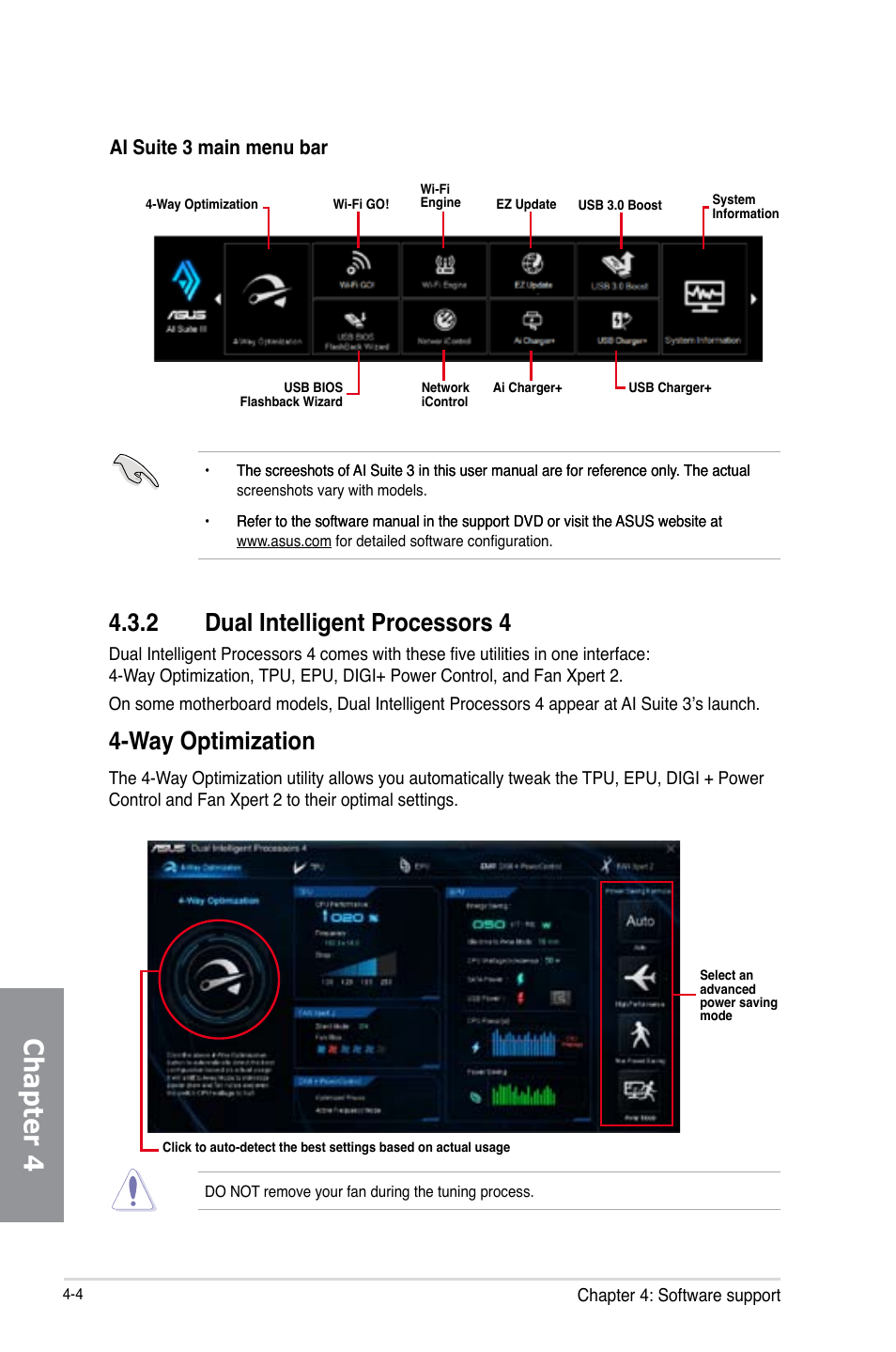 2 dual intelligent processors 4, Dual intelligent processors 4 -4, Chapter 4 | Way optimization, Ai suite 3 main menu bar | Asus Z87-PLUS User Manual | Page 138 / 174