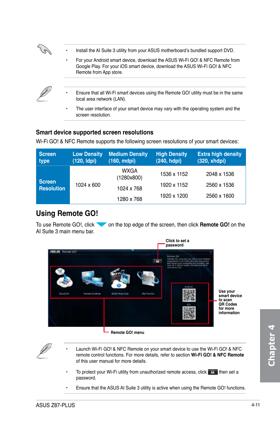 Chapter 4, Using remote go, Smart device supported screen resolutions | Asus Z87-PLUS User Manual | Page 145 / 174