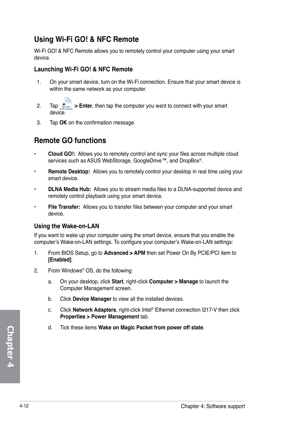 Chapter 4, Using wi-fi go! & nfc remote, Remote go functions | Asus Z87-PLUS User Manual | Page 146 / 174