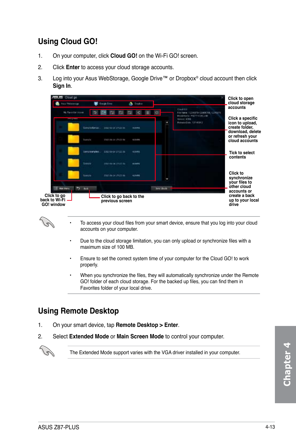 Chapter 4, Using cloud go, Using remote desktop | Asus Z87-PLUS User Manual | Page 147 / 174