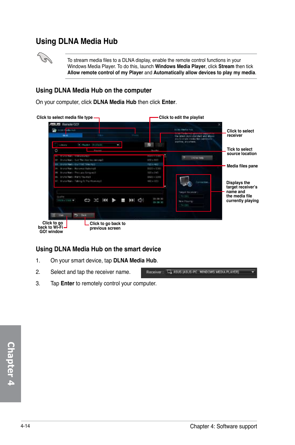 Chapter 4, Using dlna media hub, Using dlna media hub on the computer | Using dlna media hub on the smart device | Asus Z87-PLUS User Manual | Page 148 / 174