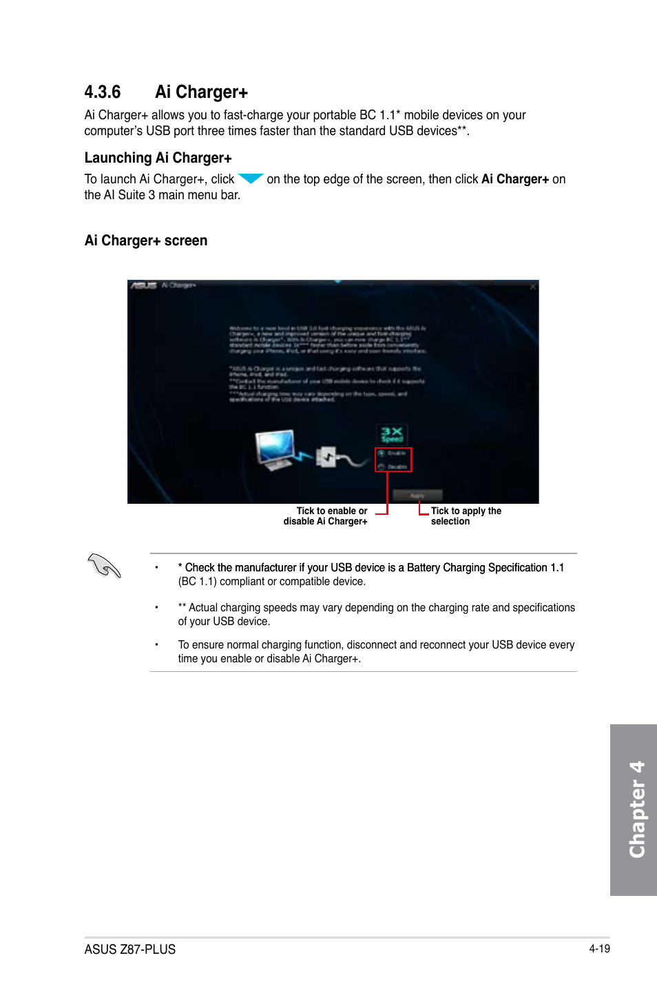 6 ai charger, Ai charger+ -19, Chapter 4 | Asus Z87-PLUS User Manual | Page 153 / 174