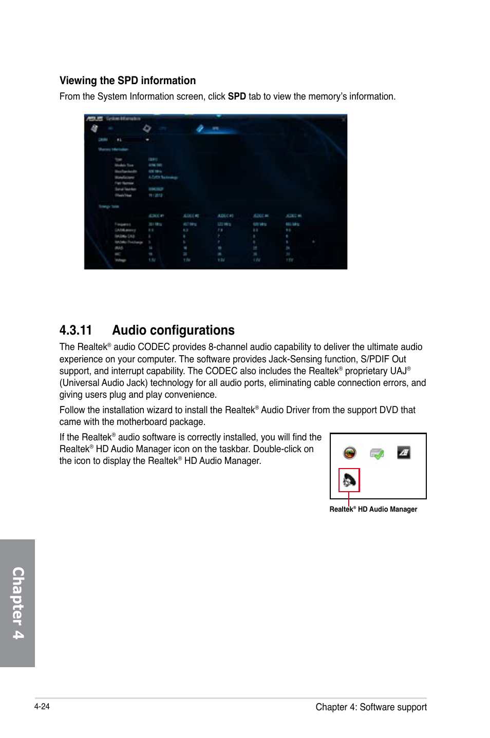 11 audio configurations, Audio configurations -24, Chapter 4 | Viewing the spd information | Asus Z87-PLUS User Manual | Page 158 / 174