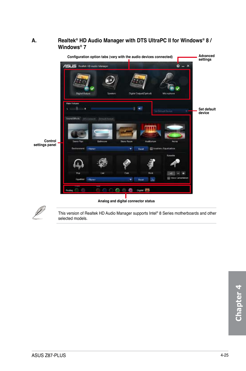 Chapter 4, A. realtek, Hd audio manager with dts ultrapc ii for windows | 8 / windows | Asus Z87-PLUS User Manual | Page 159 / 174