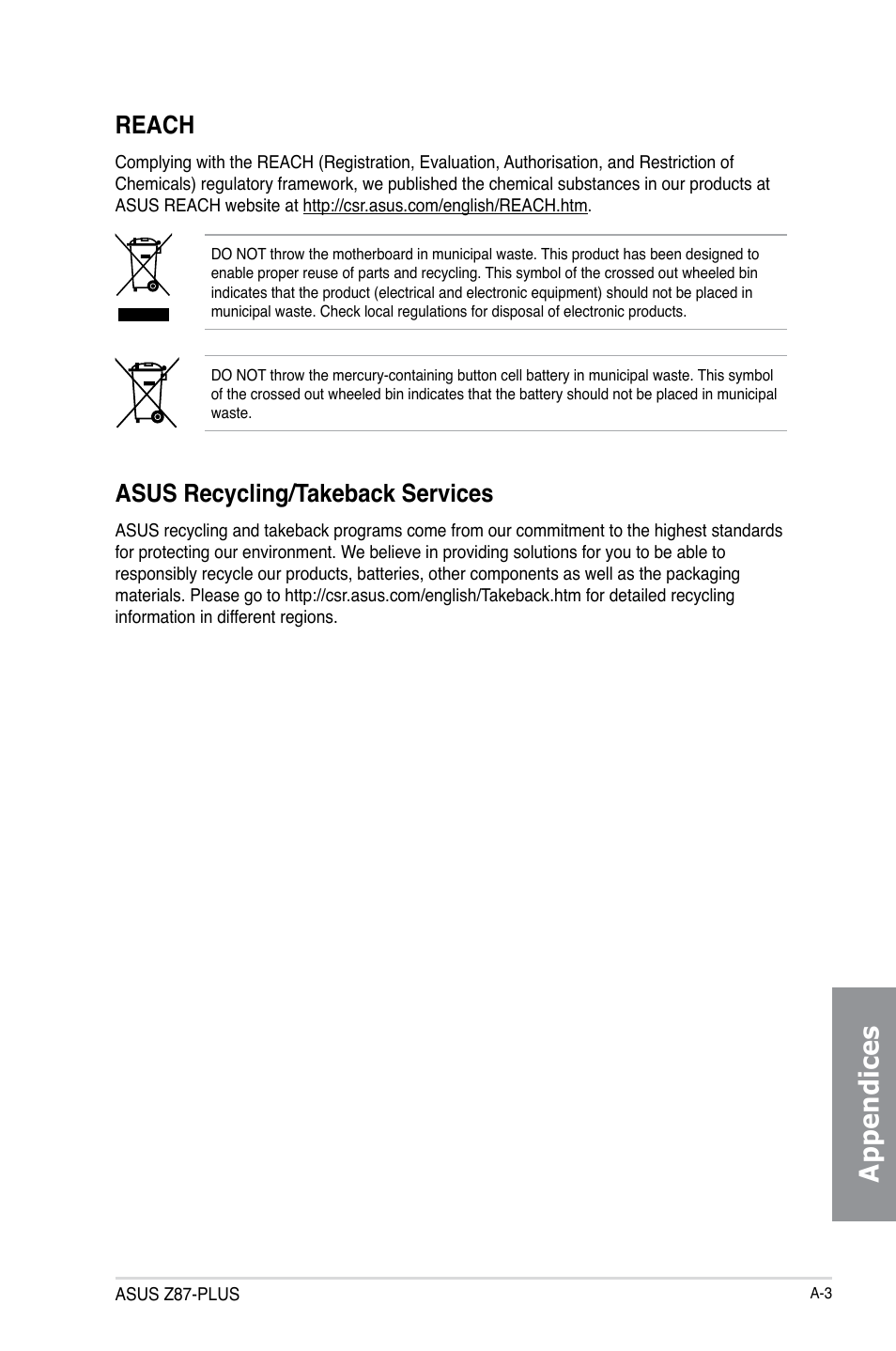 Appendices, Reach, Asus recycling/takeback services | Asus Z87-PLUS User Manual | Page 171 / 174