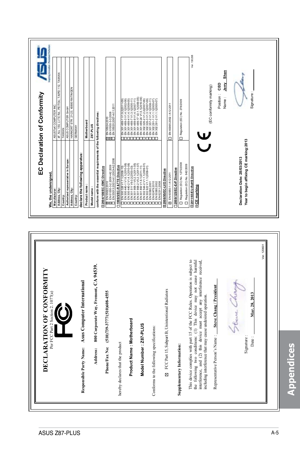 Appendices, Declaration of conformity, Asus z87-plus | Ec declaration of conformity, Asu s c om pu te r in te rn at io na l | Asus Z87-PLUS User Manual | Page 173 / 174