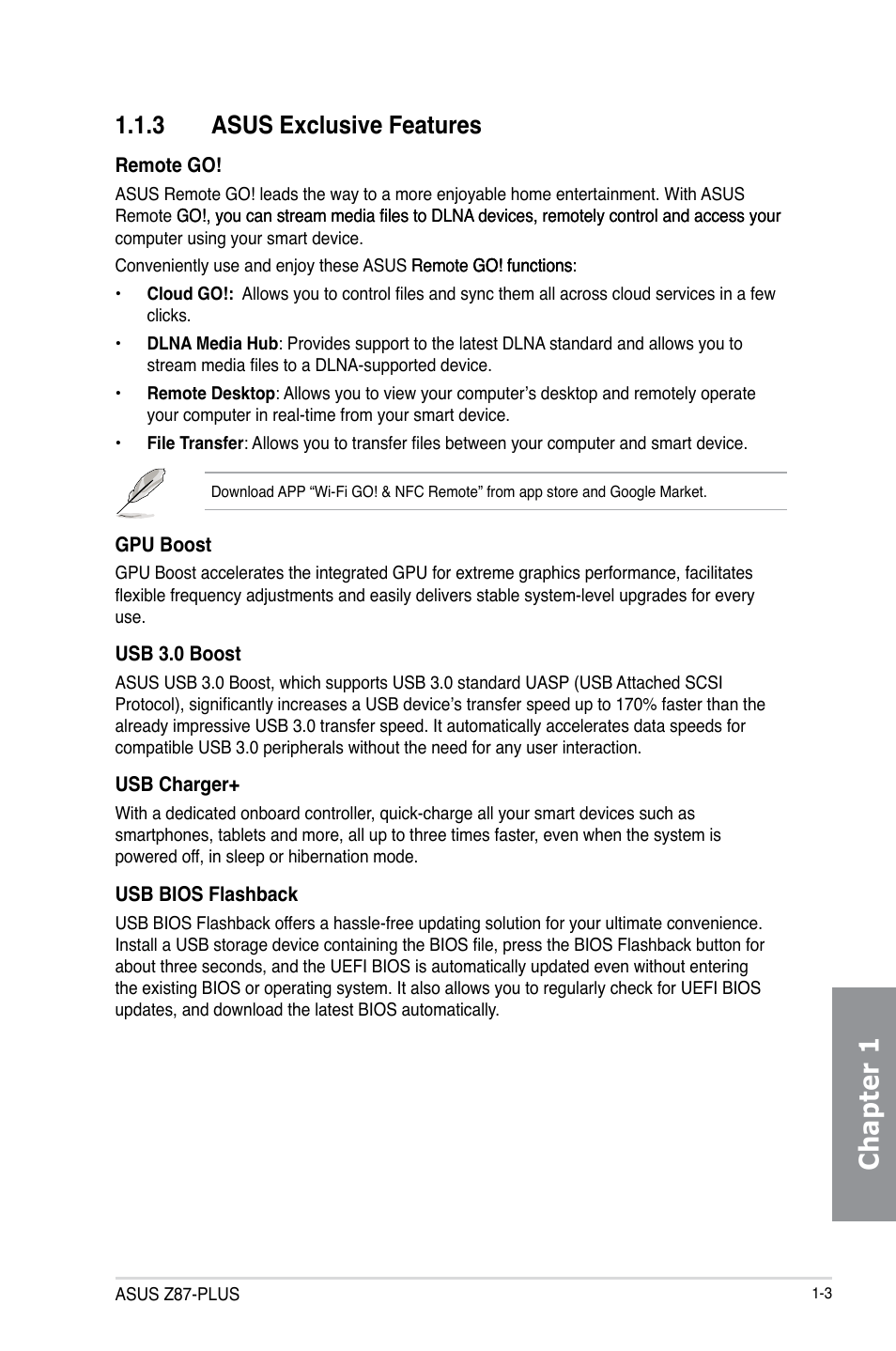 3 asus exclusive features, Asus exclusive features -3, Chapter 1 | Asus Z87-PLUS User Manual | Page 19 / 174