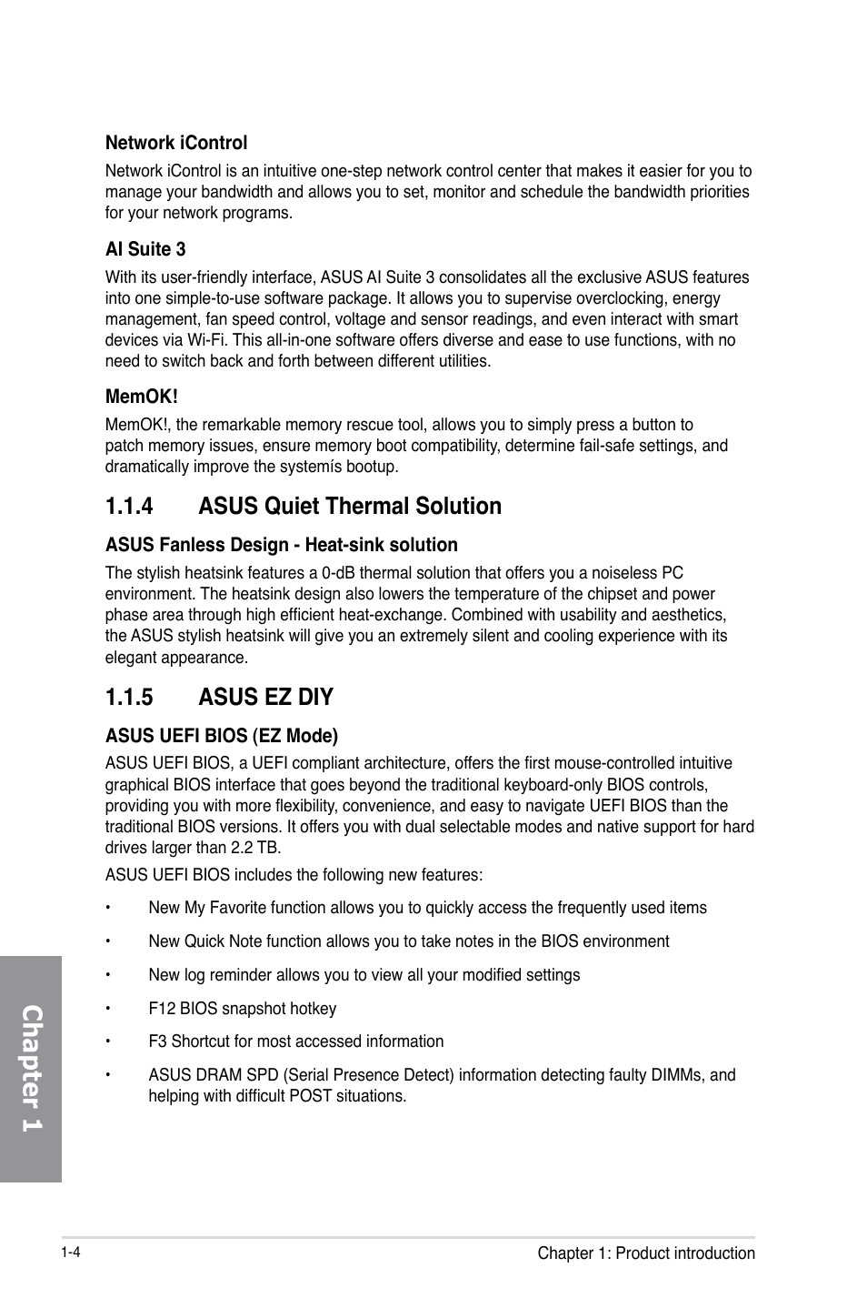 4 asus quiet thermal solution, 5 asus ez diy, Asus quiet thermal solution -4 | Asus ez diy -4, Chapter 1 | Asus Z87-PLUS User Manual | Page 20 / 174