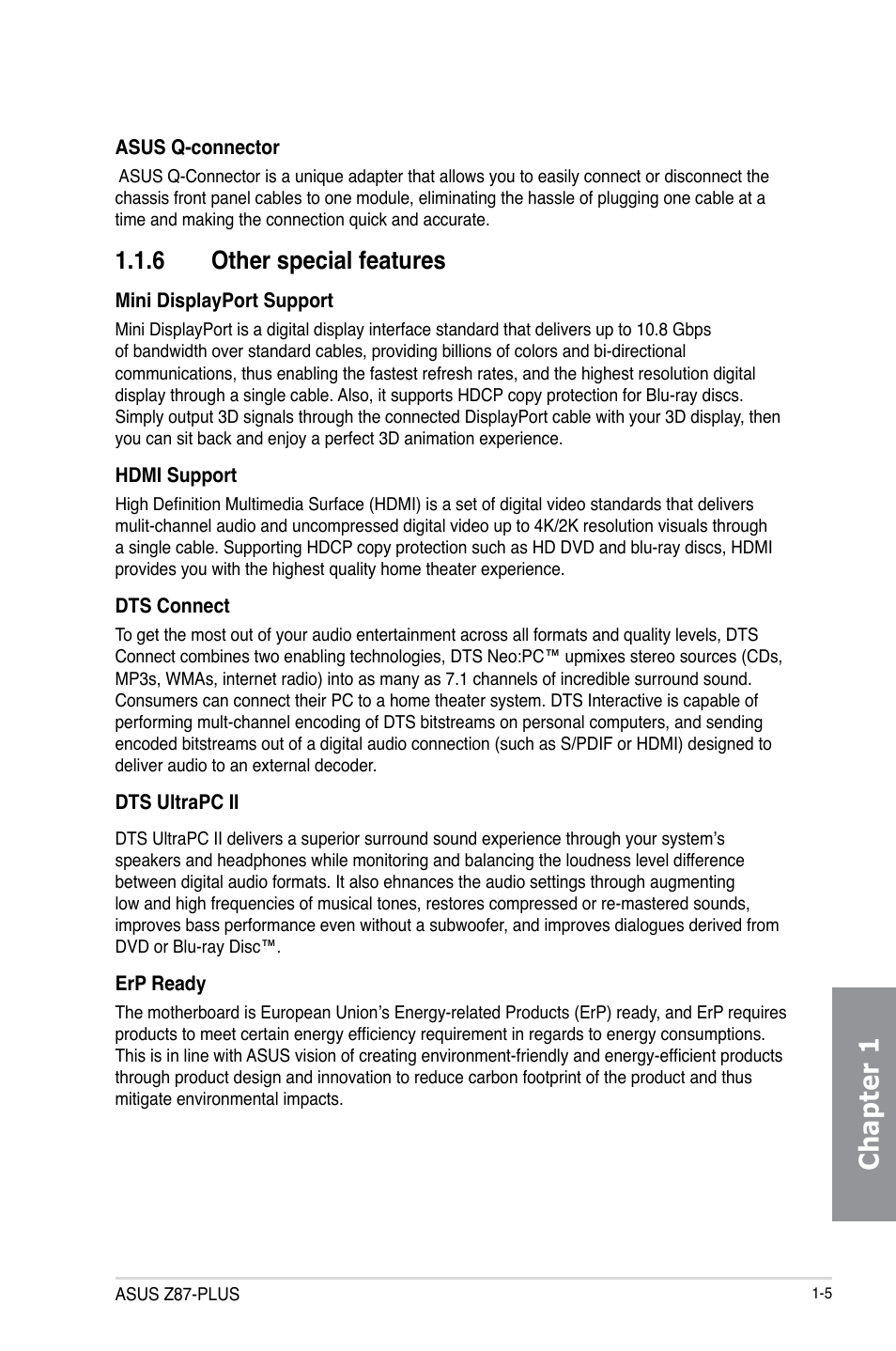 6 other special features, Other special features -5, Chapter 1 | Asus Z87-PLUS User Manual | Page 21 / 174