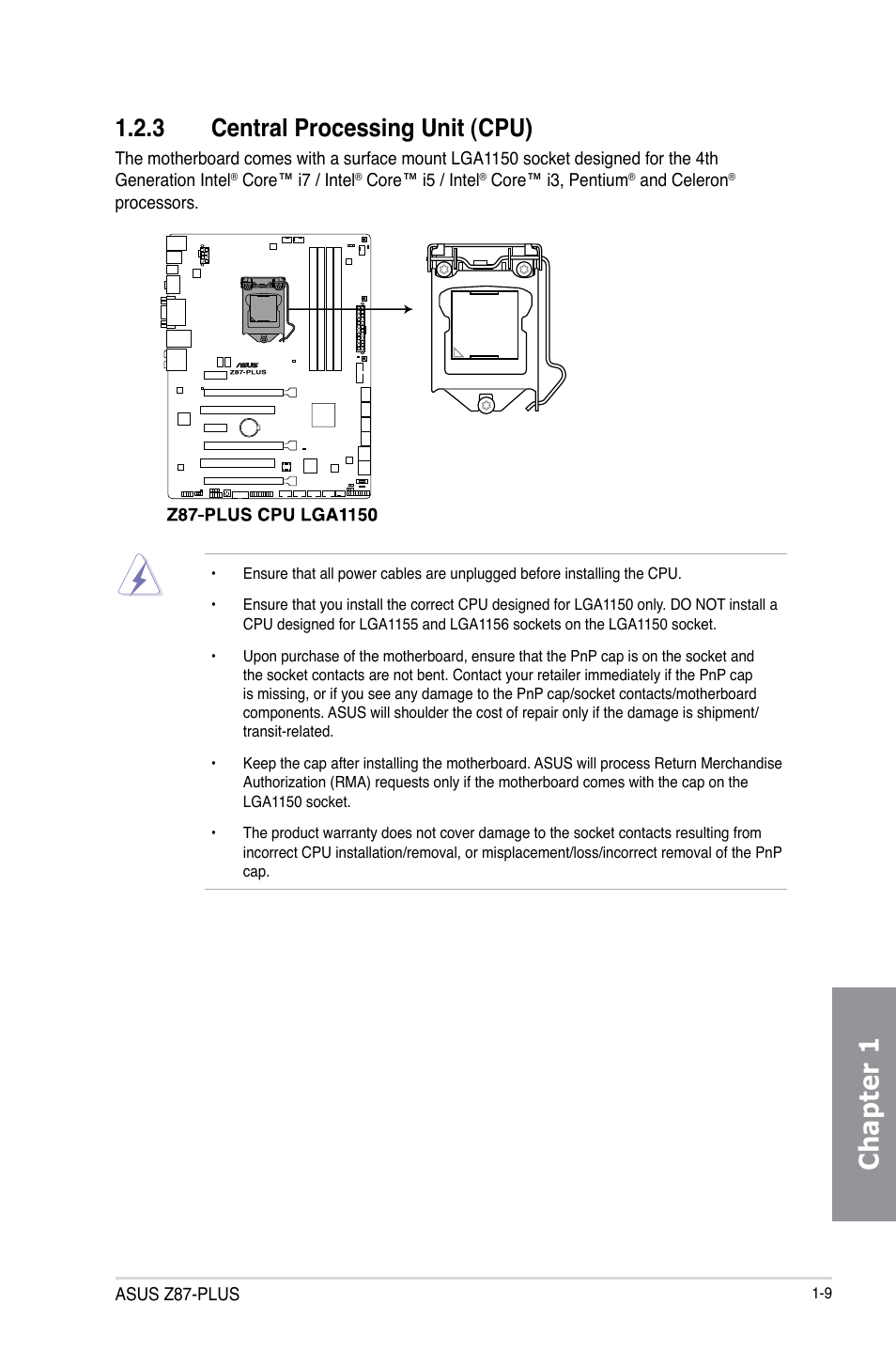 3 central processing unit (cpu), Central processing unit (cpu) -9, Chapter 1 | Asus Z87-PLUS User Manual | Page 25 / 174