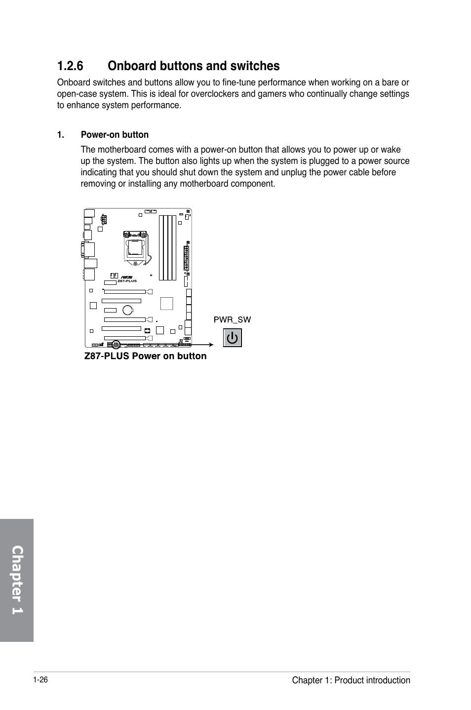 6 onboard buttons and switches, Onboard buttons and switches -26, Chapter 1 | Asus Z87-PLUS User Manual | Page 42 / 174