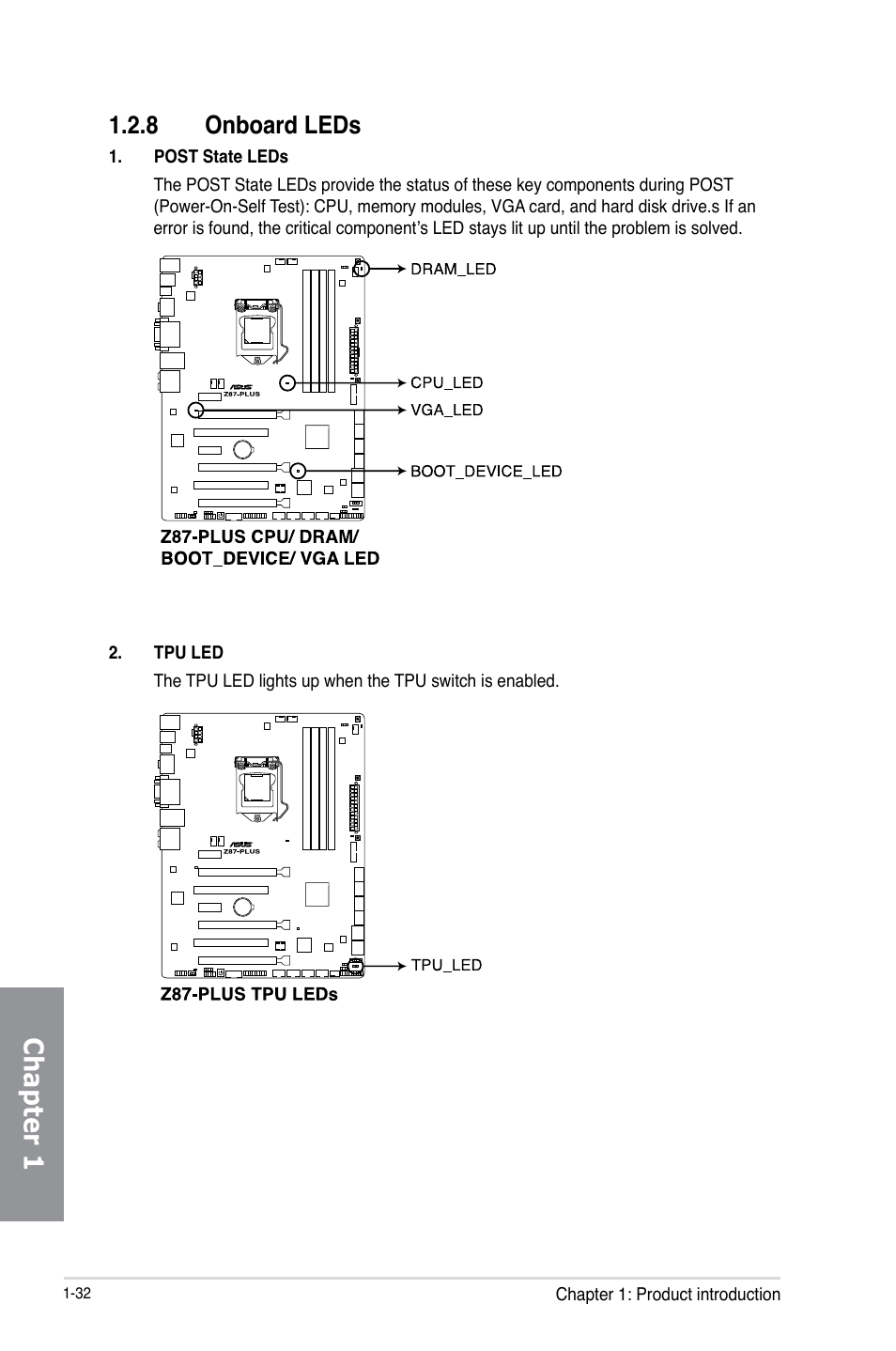 8 onboard leds, Onboard leds -32, Chapter 1 | Asus Z87-PLUS User Manual | Page 48 / 174