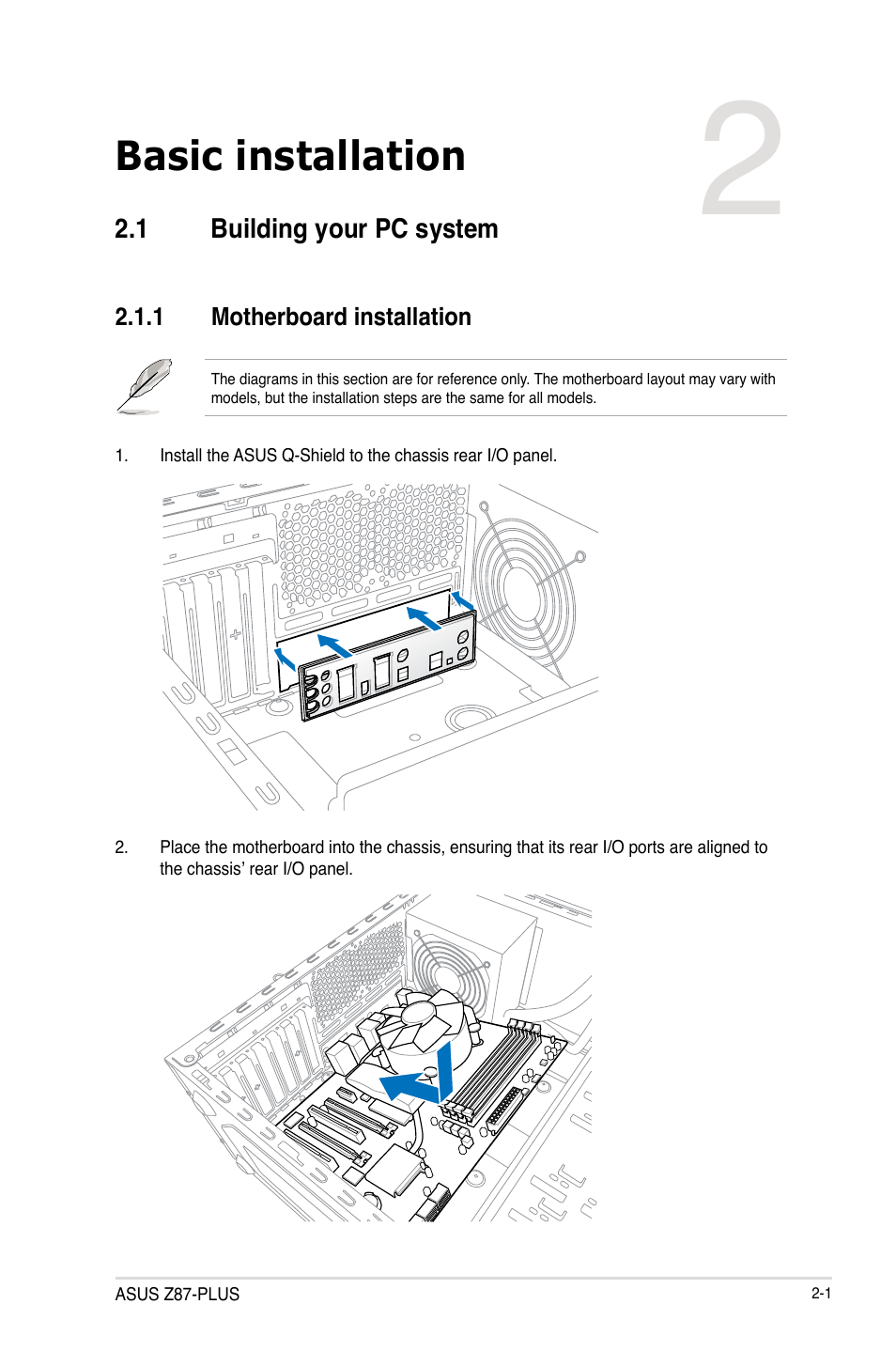 Chapter 2: basic installation, 1 building your pc system, 1 motherboard installation | Chapter 2, Basic installation, Building your pc system -1 2.1.1, Motherboard installation -1 | Asus Z87-PLUS User Manual | Page 61 / 174