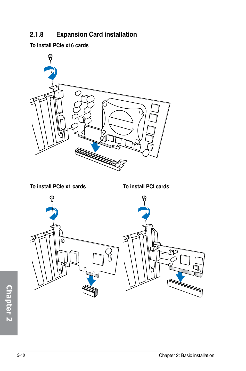 8 expansion card installation, Expansion card installation -10, Chapter 2 | Asus Z87-PLUS User Manual | Page 70 / 174