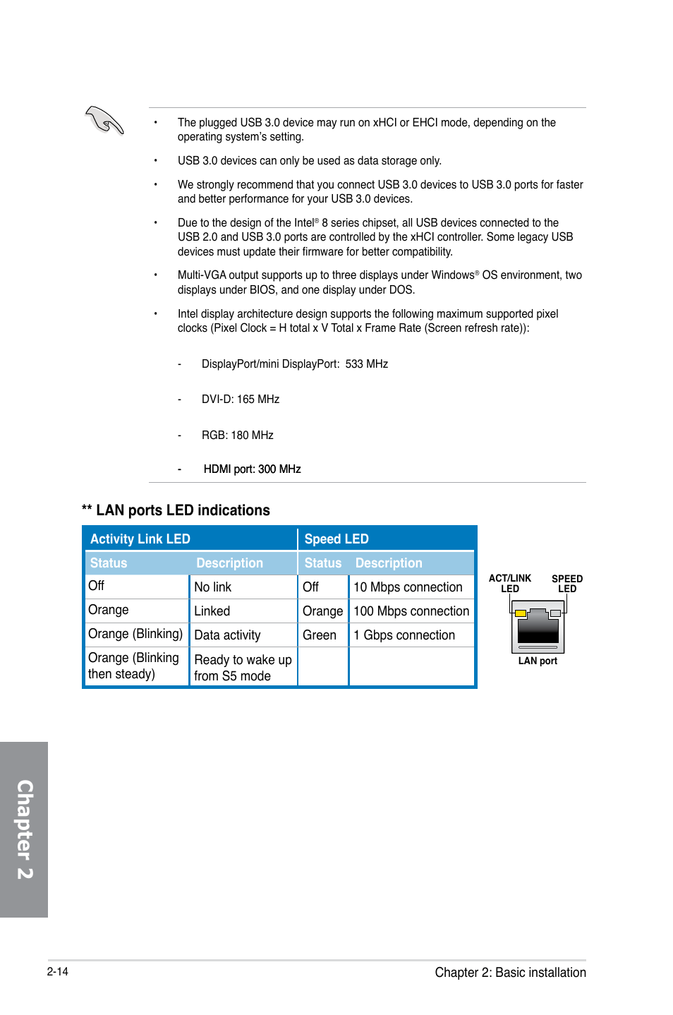 Chapter 2, Lan ports led indications | Asus Z87-PLUS User Manual | Page 74 / 174