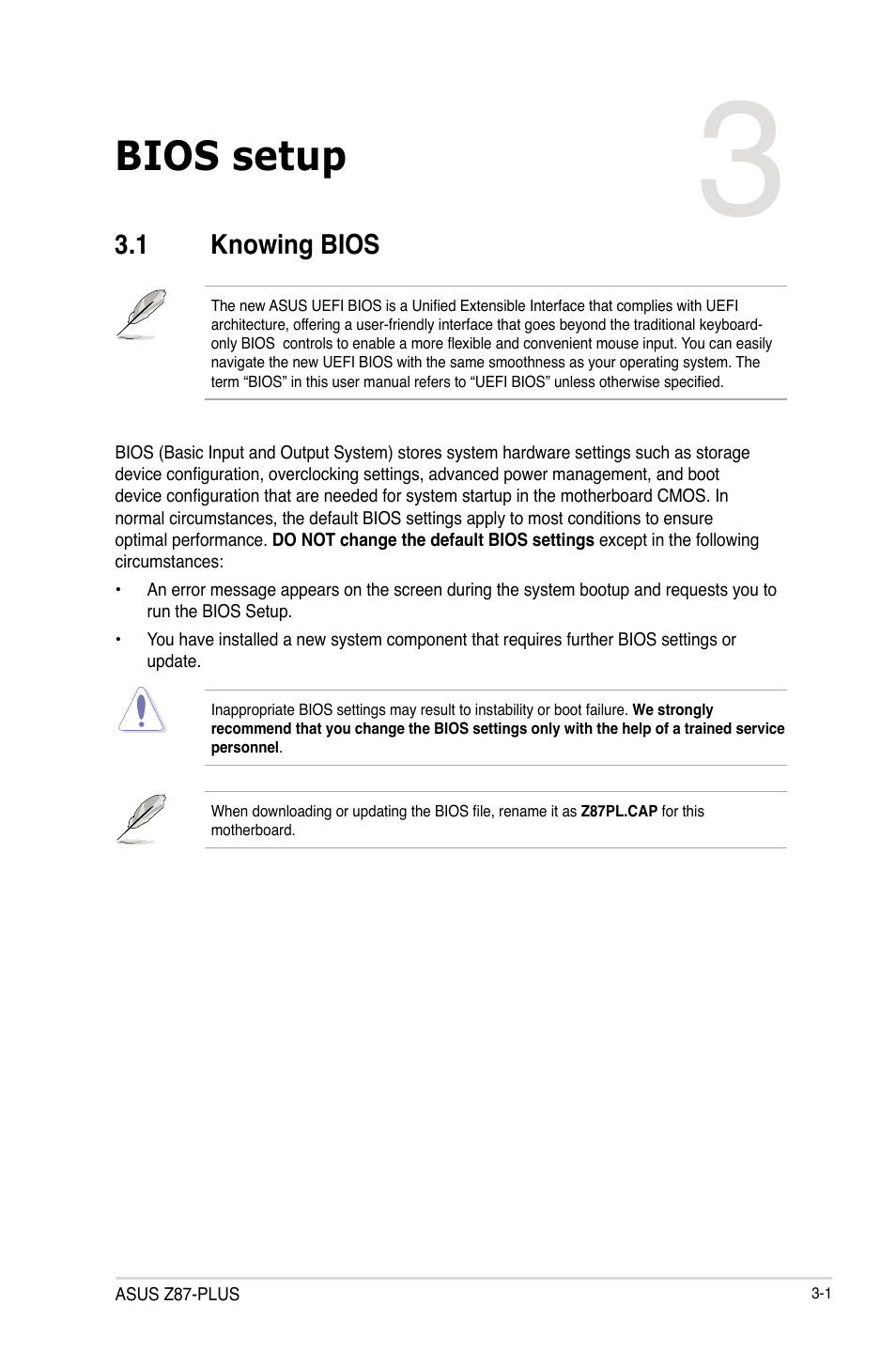 Chapter 3: bios setup, 1 knowing bios, Chapter 3 | Bios setup, Knowing bios -1 | Asus Z87-PLUS User Manual | Page 79 / 174