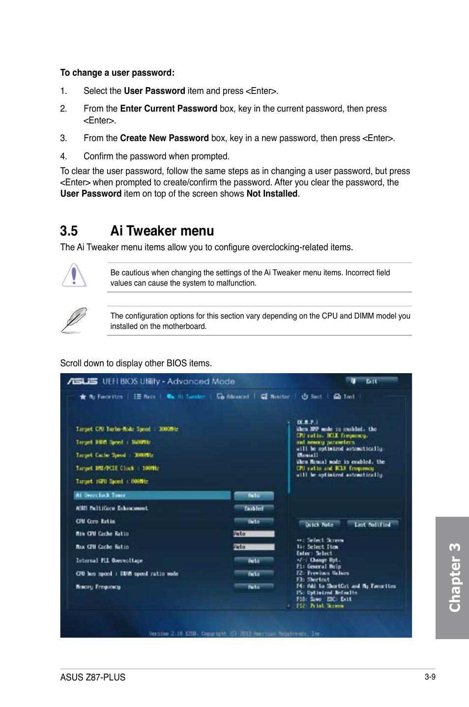 5 ai tweaker menu, Ai tweaker menu -9, Chapter 3 | Asus Z87-PLUS User Manual | Page 87 / 174